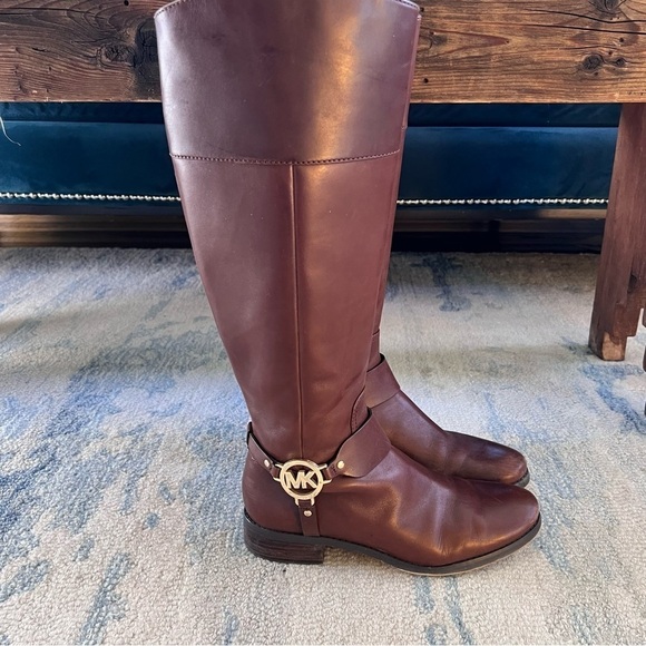 MICHAEL KORS FULTON HARNESS GOLD MK LOGO MOCHA BROWN TALL RIDING BOOTS SIZE 8 - Picture 10 of 12